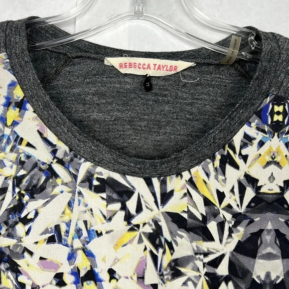 Rebecca Taylor Silk Diamond Print Baseball Tee 3/4 Sleeve Size 8 Crewneck Relax - Picture 6 of 10